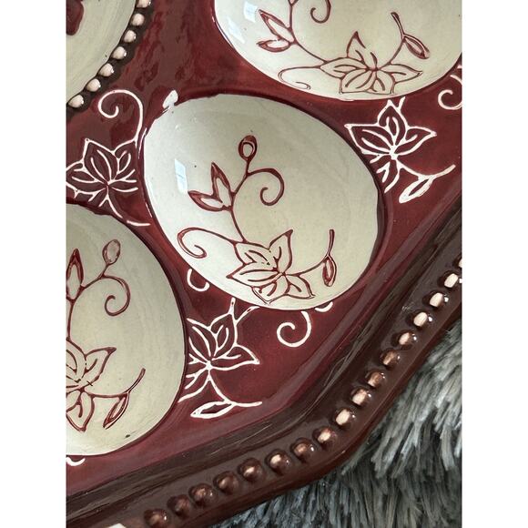 Temp-tations Deviled Egg Tray Red Platter Floral 13.5” Maroon 12 Eggs Dish Tara - Picture 3 of 5